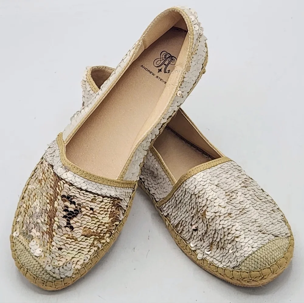 ANDREW STEVENS Chiara Leather Sequins Espadrilles Flats Gold And Cream 37 / 6.5
